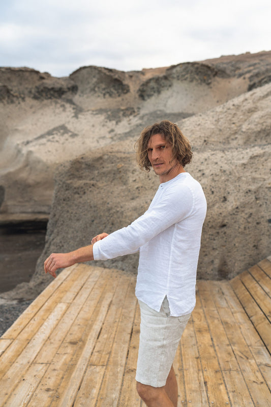 Men's Casual Linen Shirt with Rolled-Up Long Sleeves - Available in Multiple Colors