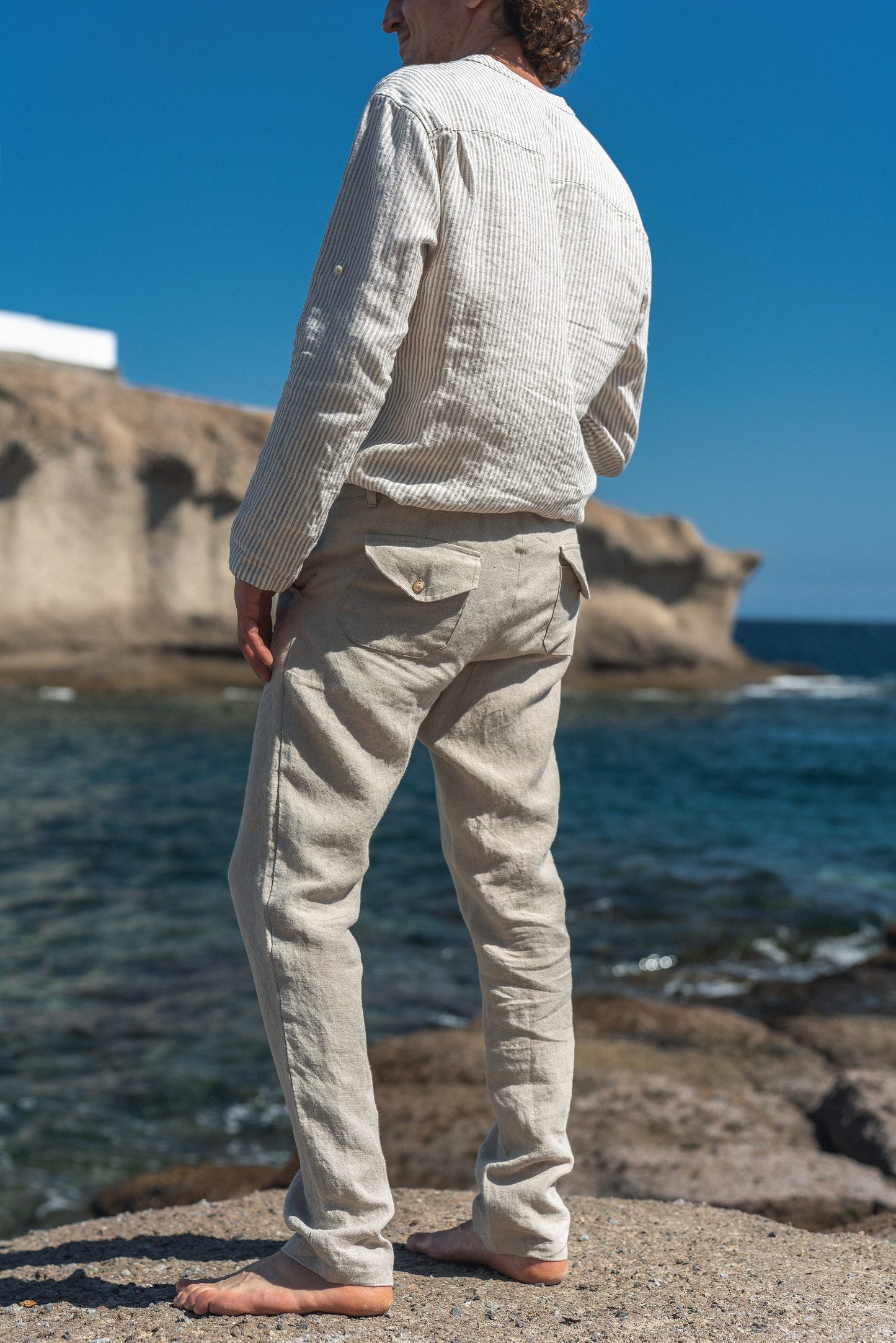 Men's White Linen Pants with Convenient Pockets