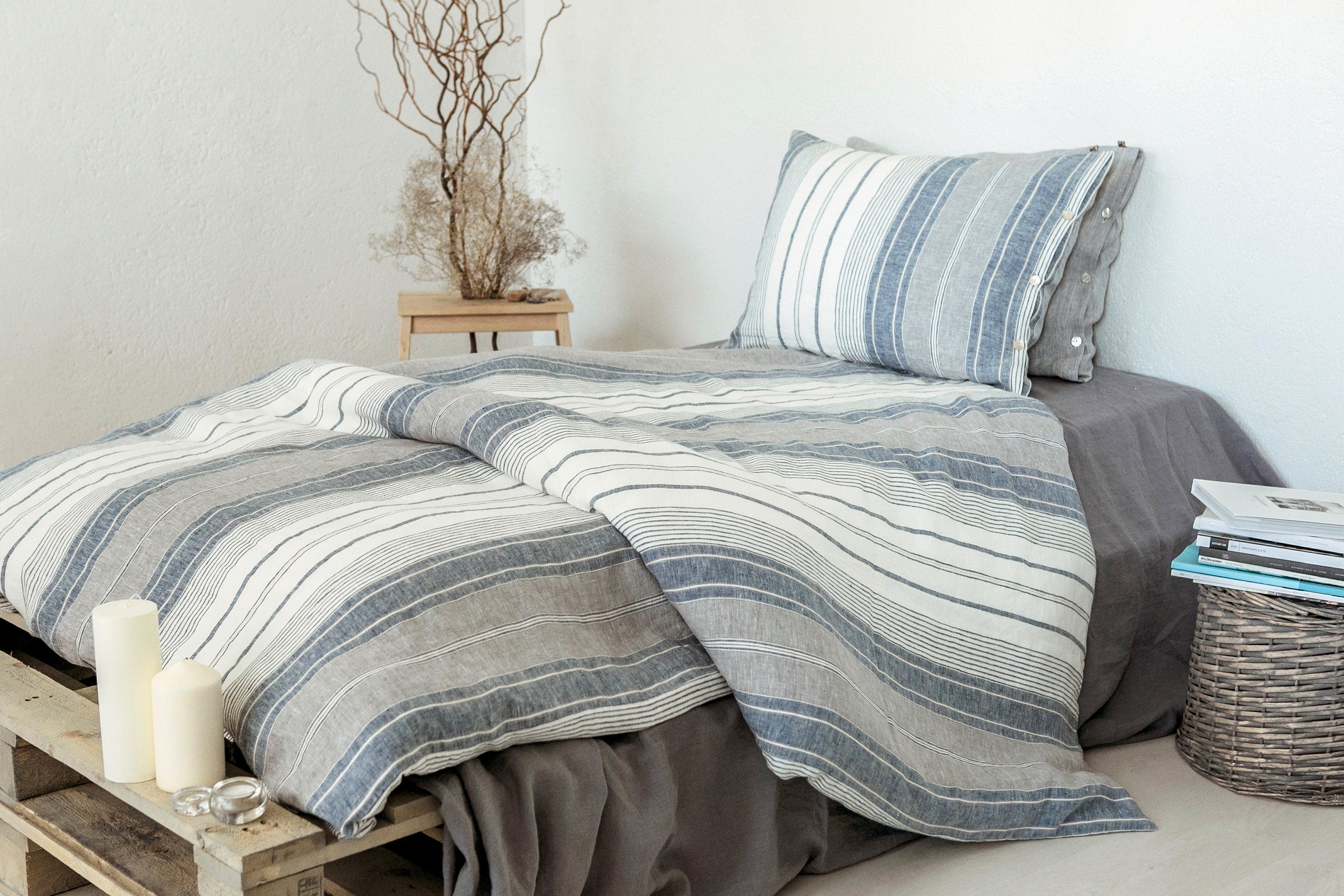 Linen duvet cover off-white grey blue newest with various stripes. Linen duvet cover with flap, buttons, Home decor, Lithuanian linen, Soft bedding